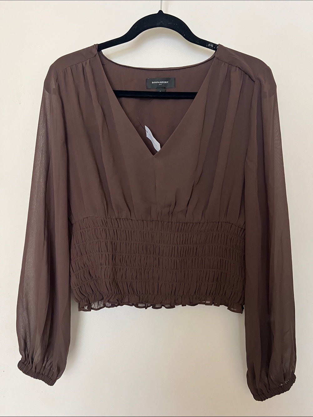 NWT Banana Republic Brown V-Neck Smocked-Waist Long Sleeve Blouse